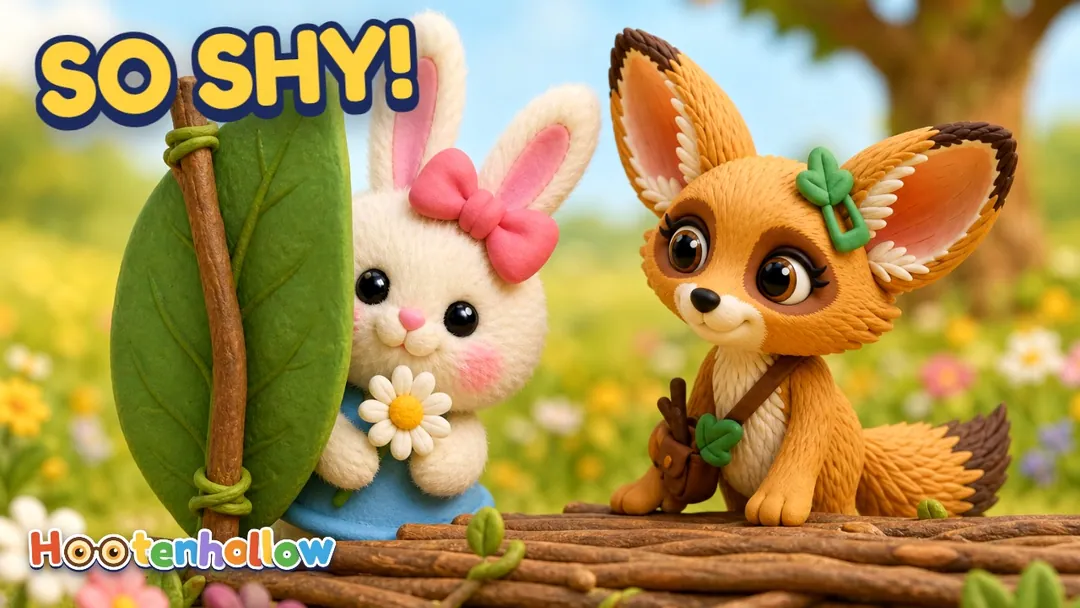 Lila peeks out shyly from behind a big leaf, holding a daisy, with Fenna beside her. Cover of “Lila's Brave Little Song”.