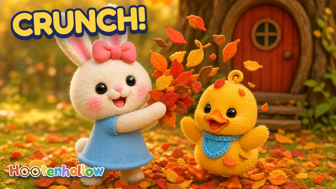 Lila tosses an armful of autumn leaves over giggling Wobble. Cover of “Crunch, Crunch, Crunchy Leaves!”.