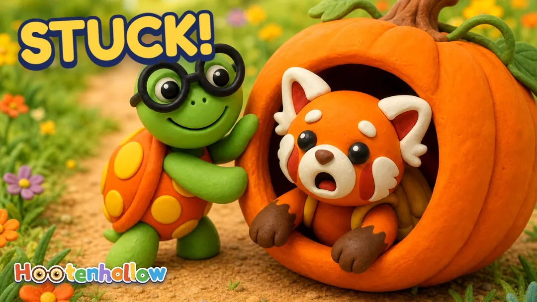 Tamkin is stuck head-first in a hollow pumpkin while Bimble smiles and helps. Cover of “Tamkin's Too-Fast Race”.