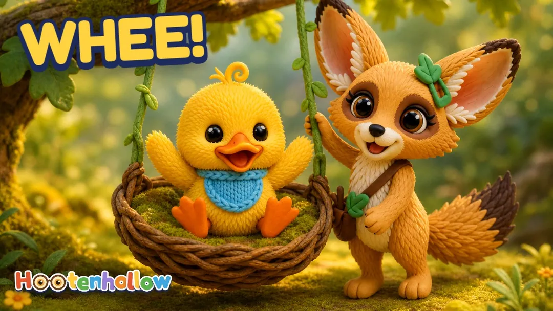Wobble swings in a mossy nest swing while Fenna smiles behind him. Cover of “A Swing for Wobble”.