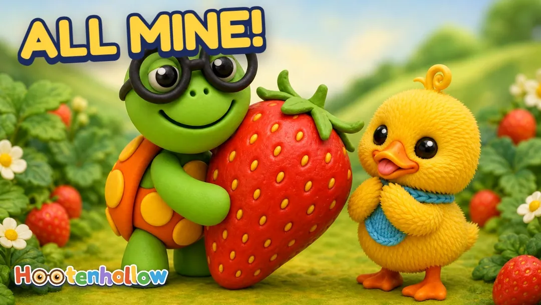 Bimble the turtle grew the biggest strawberry in Hootenhollow! 🍓 He wants to eat it ALL by himself... but it rolls away, it won't hide, and eating alone feels a little lonely. 🐢 What would YOU do with a giant strawberry?. Cover of “Bimble's Biggest Strawberry”.