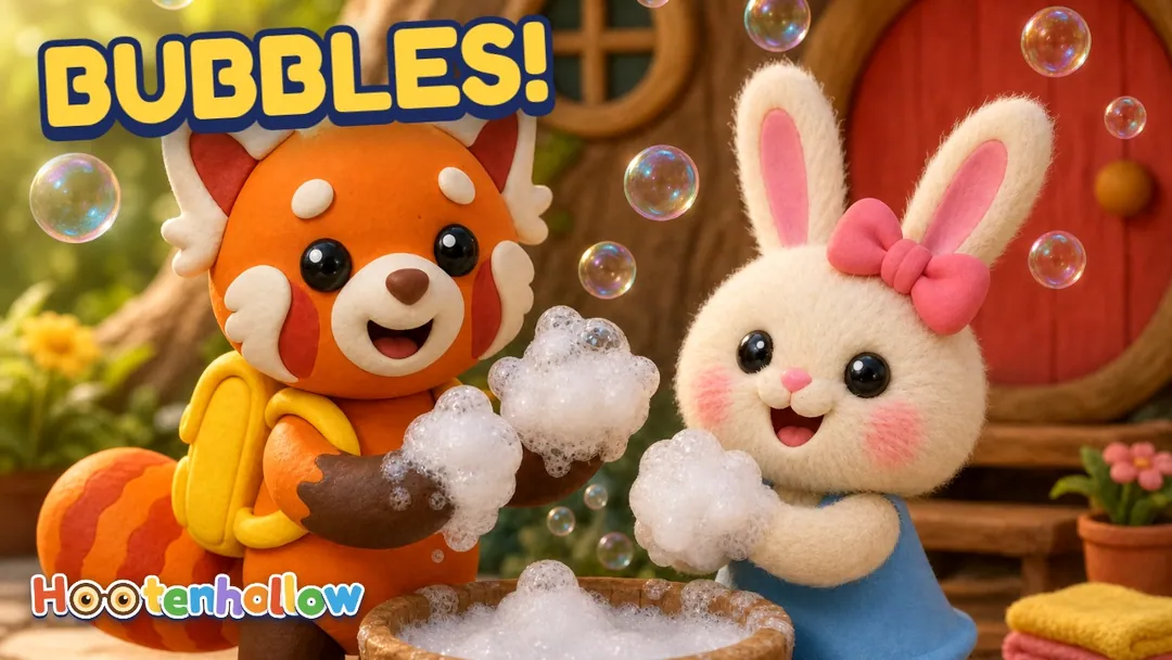 Tamkin and Lila hold up soapy paws in a cloud of bubbles at a wooden basin. Cover of “Bubble, Bubble, Scrub-a-Dub!”.