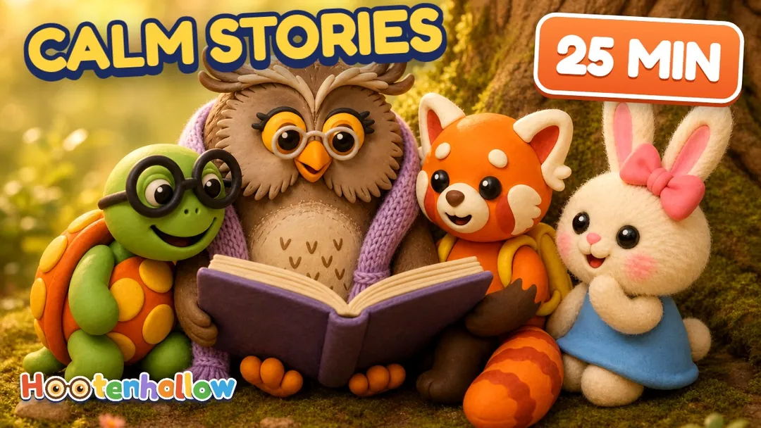 Granny Hoot reads a storybook to Bimble, Tamkin and Lila under the oak tree. Cover of “Calm Cartoon Stories for Toddlers 🦉 25 Minutes | Hootenhollow”.