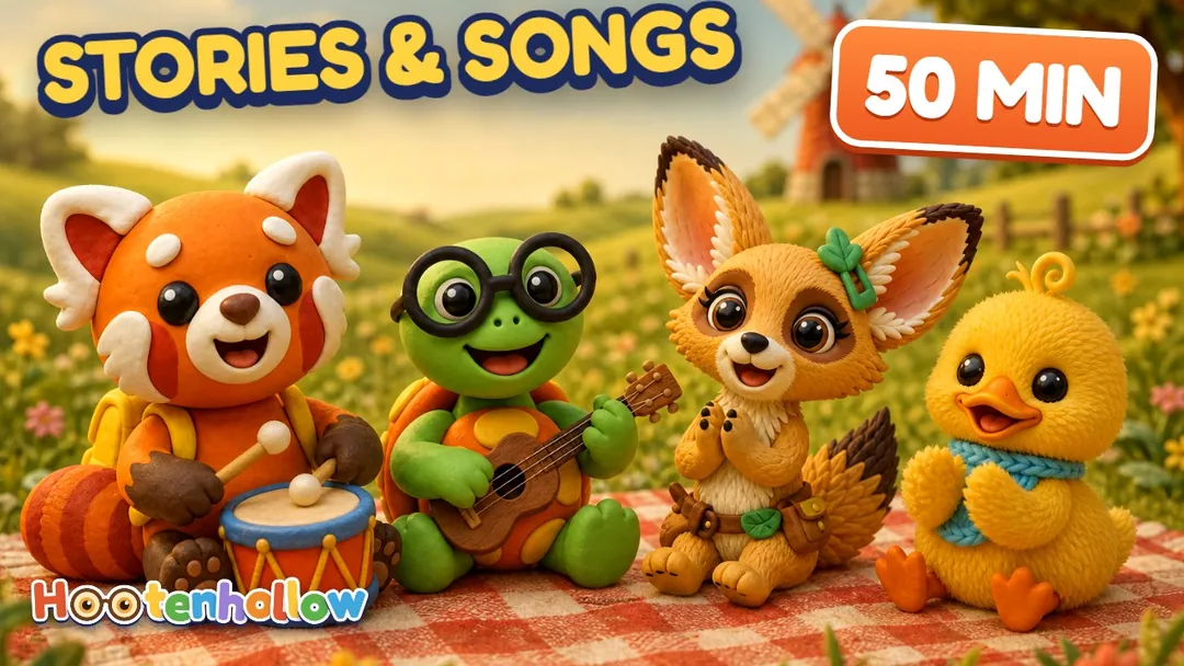 Tamkin, Bimble, Fenna and Wobble sing together on a picnic blanket. Cover of “Calm Stories & Songs for Toddlers 🦉 50 Minutes | Hootenhollow”.