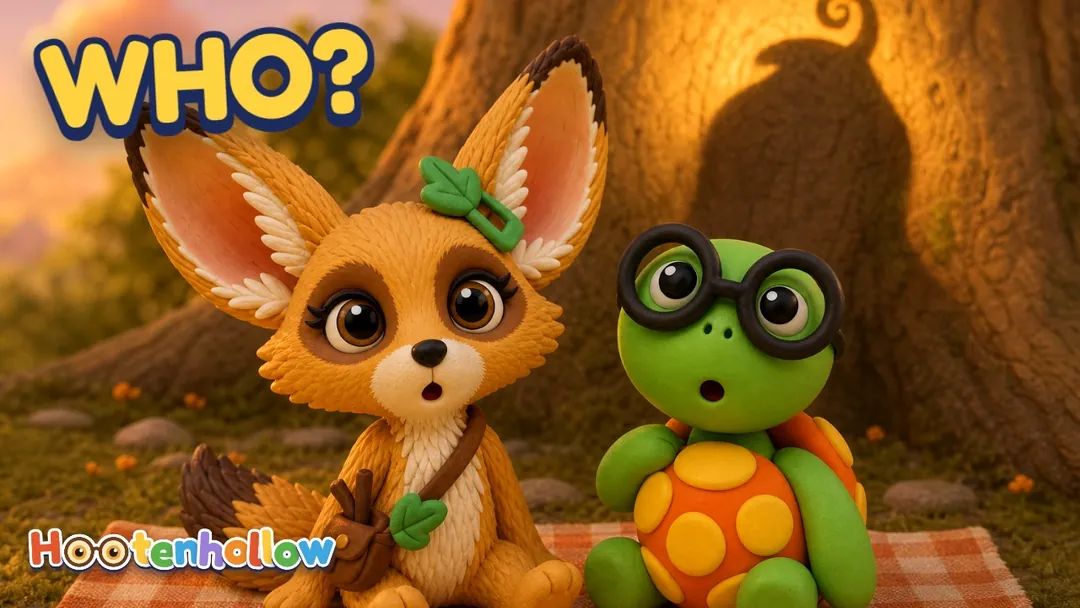 It's a cozy night picnic in Hootenhollow! 🌙 Fenna the fennec fox builds a glowing flower lamp... and suddenly a GIANT shadow appears on the old oak tree! Tamkin tries to shoo it, Lila sings it a lullaby, and Bimble hides in his shell! 🐢 Can YOU guess whose shadow it is?. Cover of “Fenna and the Giant Shadow”.