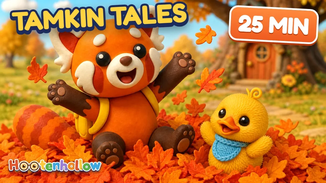 25 minutes of red panda stories for toddlers from Hootenhollow: Tamkin's Big Leaf Pile, Tamkin Tells the Truth, Tamkin's Too-Fast Race and more. 🍂. Cover of “Red Panda Stories for Toddlers 🐼 Tamkin, 25 Minutes | Hootenhollow”.