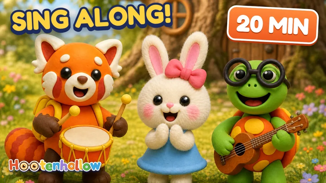 Tamkin drums, Bimble strums a ukulele and Lila sings in the middle. Cover of “Sing Along Songs for Toddlers 🎵 20 Minutes of Toddler Songs | Hootenhollow”.
