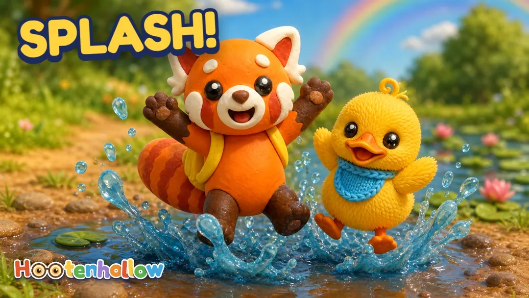 Splish, splash! ☔ Jump in the puddles with Granny Hoot, Tamkin, Lila, Bimble, Fenna and little Wobble in a cozy claymation sing-along! Pull on your red rain boots, open the umbrella with a pop, listen to the raindrops plip, plop, quack like a little duck, wiggle off the drops and look for the rainbow when the sun peeks out. 🌈. Cover of “Splish, Splash, Puddle Jump!”.