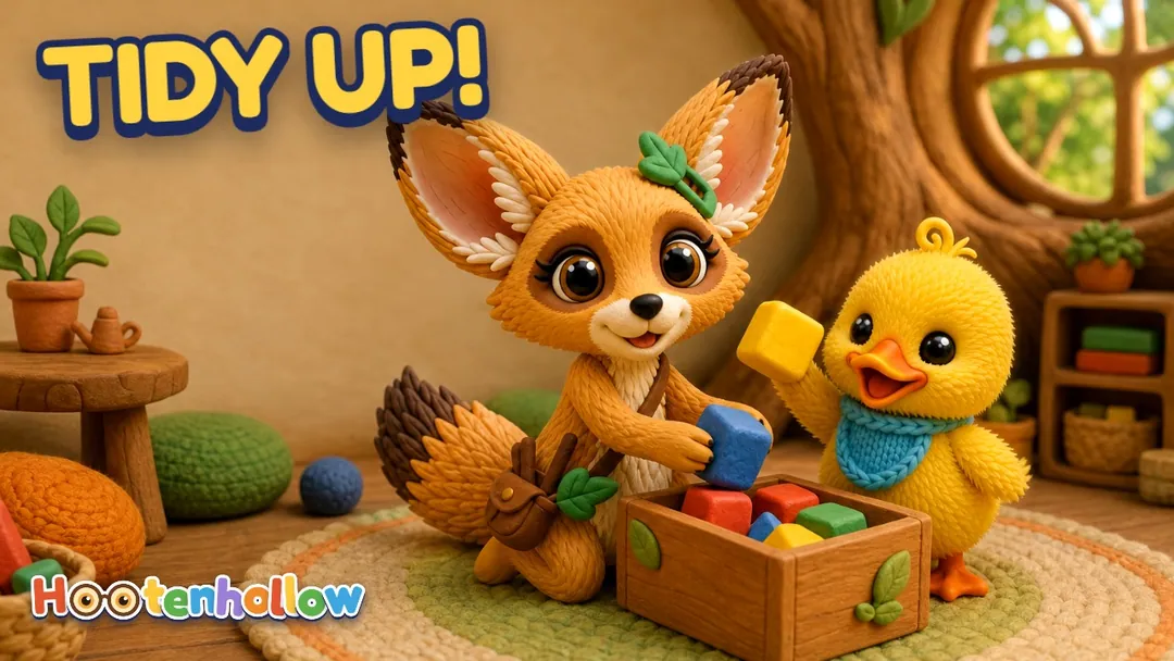 Toys go home! 🧸 Tidy up the playroom with Granny Hoot, Tamkin, Lila, Bimble, Fenna and little Wobble in a cozy claymation sing-along! Pick up the toys, reach up high and bend down low, count five blocks into the box, roll the ball into the basket, tuck sleepy Teddy into bed and tiptoe softly. 🧺. Cover of “Toys Go Home!”.