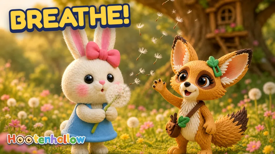 Lila blows a dandelion puff while Fenna watches the seeds float away. Cover of “Big Slow Breath”.