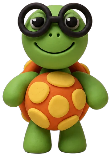 Bimble, a green clay turtle with an orange spotted shell and round black glasses