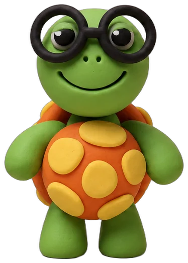 Bimble, a green clay turtle with an orange spotted shell and round black glasses