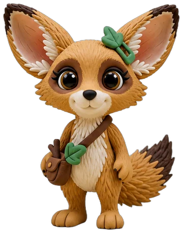 Fenna, a sandy fennec fox with huge ears, a green leaf clip and a little tool bag