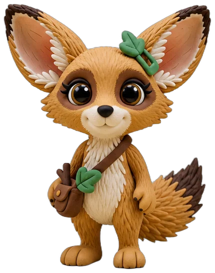 Fenna, a sandy fennec fox with huge ears, a green leaf clip and a little tool bag