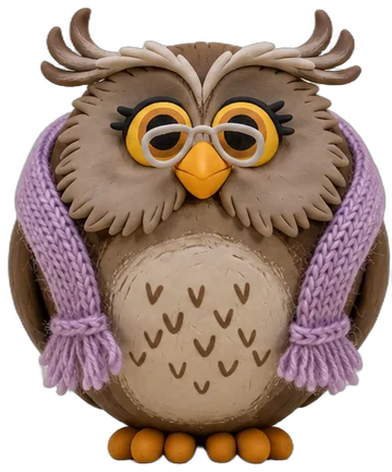 Granny Hoot, a round clay owl with little round glasses and a knitted lavender shawl