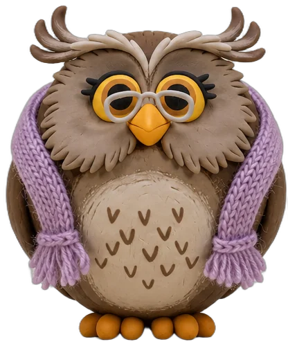Granny Hoot, a round clay owl with little round glasses and a knitted lavender shawl