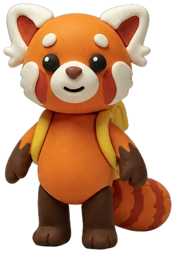 Tamkin, a rusty-orange clay red panda with a yellow backpack