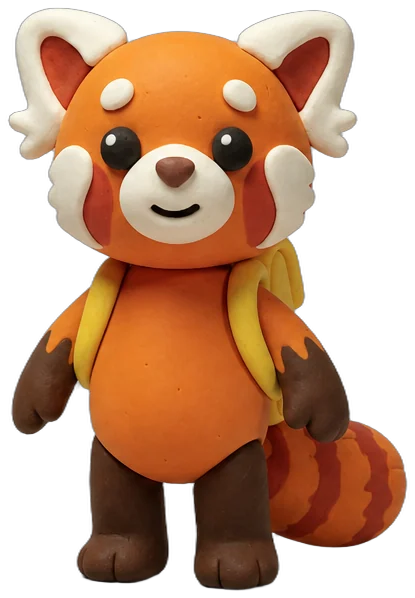 Tamkin, a rusty-orange clay red panda with a yellow backpack