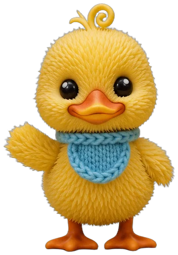 Wobble, a fluffy yellow duckling with a light-blue knitted bib