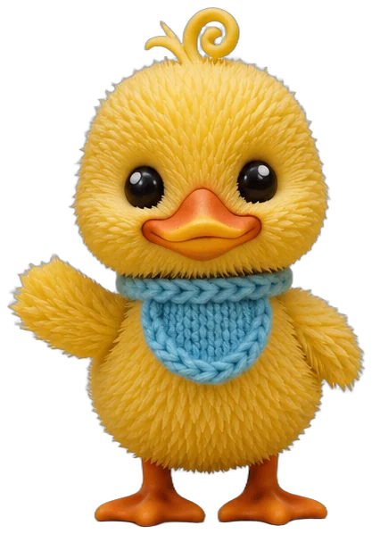 Wobble, a fluffy yellow duckling with a light-blue knitted bib