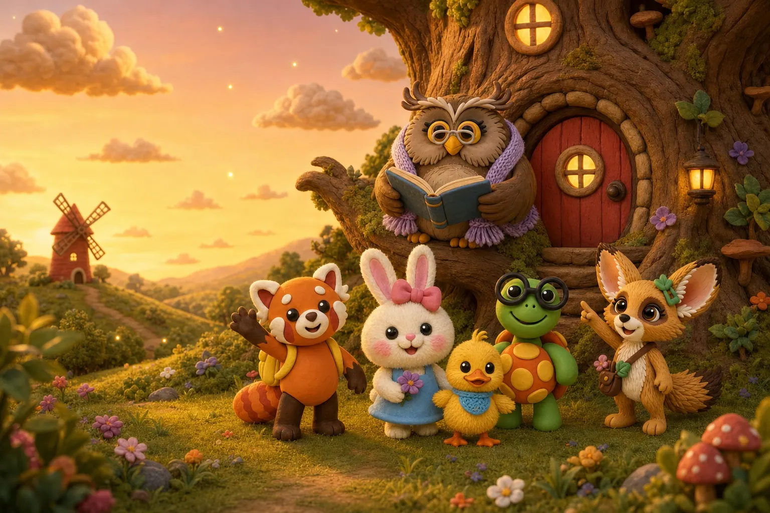 Granny Hoot the owl reads a storybook from her old oak tree at golden hour while Tamkin, Lila, Wobble, Bimble and Fenna stand on the grass below.