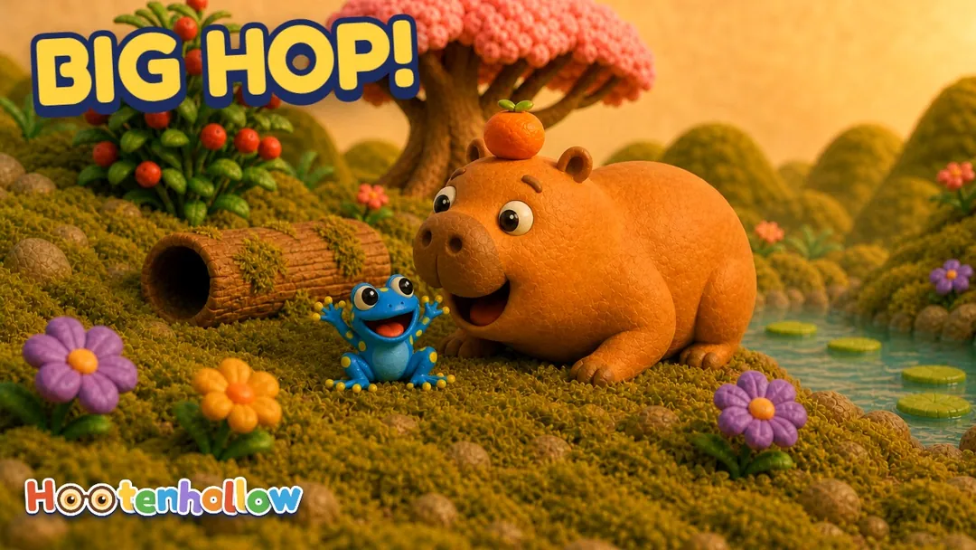 Cover of “Kapi and Hop: Kapi's Big Hop”: Tiny Hop copies everything big Kapi does. Then it is Hop's turn to lead, and Kapi has to try a springy frog hop with his big round bottom.