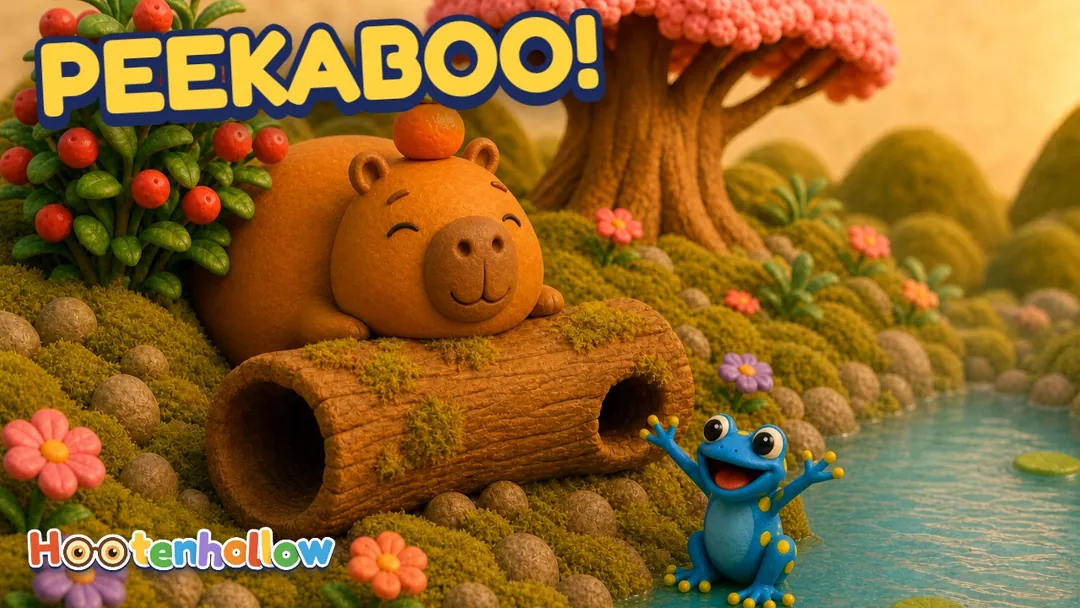 Cover of “Kapi and Hop: Peekaboo”: Hop loves to say hello with big, loud, bouncy hops. But a shy little bunny hides behind the hollow log. How can Hop make a new friend?