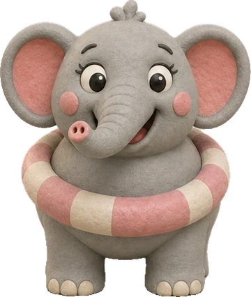 Dulcie, a round grey clay baby elephant with pink ears and a pink-and-white striped swim ring