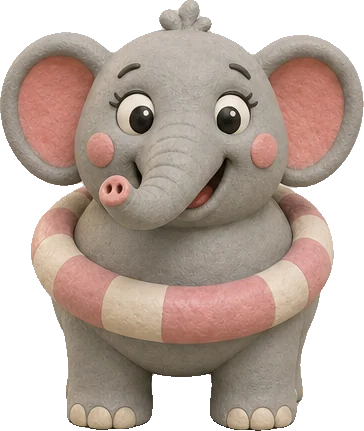 Dulcie, a round grey clay baby elephant with pink ears and a pink-and-white striped swim ring