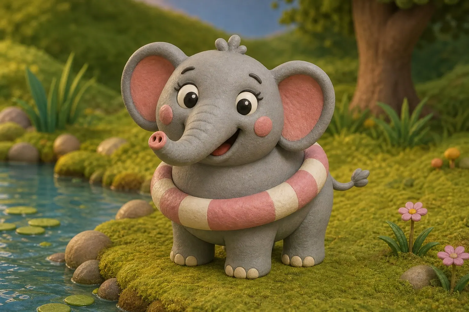 Dulcie with her striped swim ring standing on the grassy bank of the pond, smiling