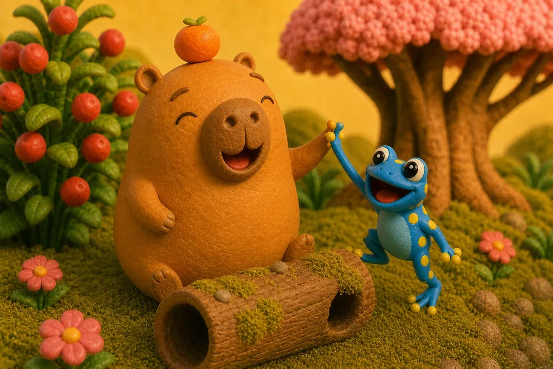 Kapi sits on the grass by a hollow log and gives tiny Hop a high five under the pink-blossom tree.
