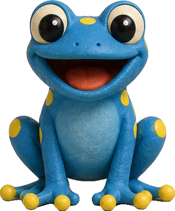 Hop, a tiny bright-blue clay tree frog with yellow spots and big shiny eyes, smiling widely