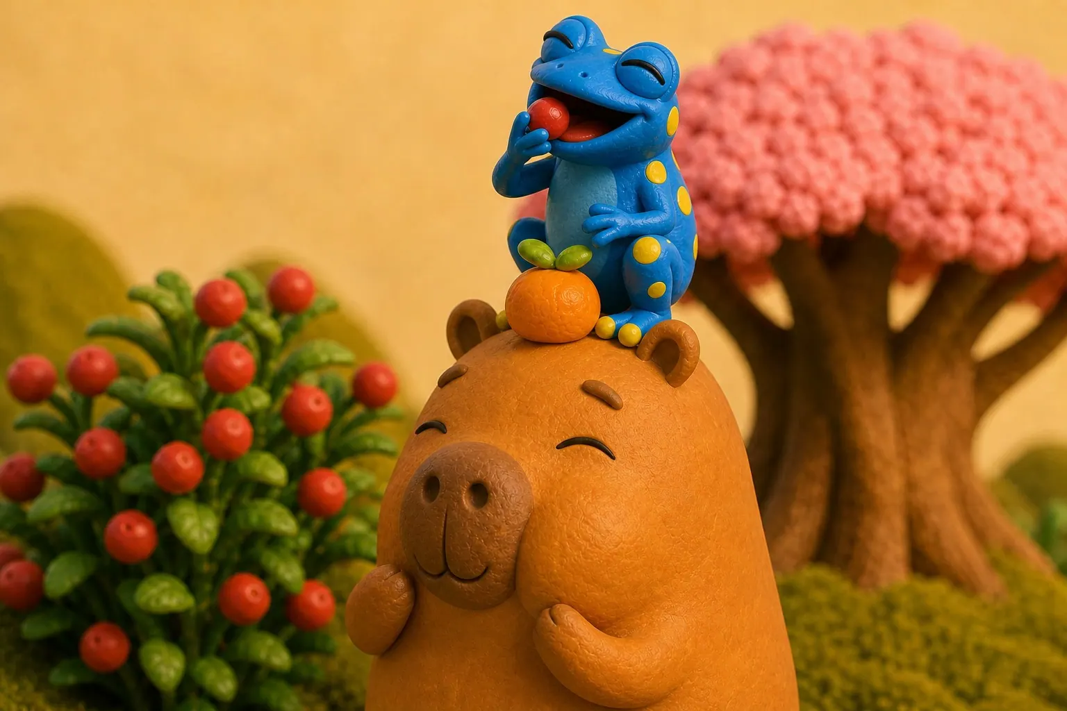 Hop sitting on Kapi's head next to the tangerine, giggling with a red berry in his hands