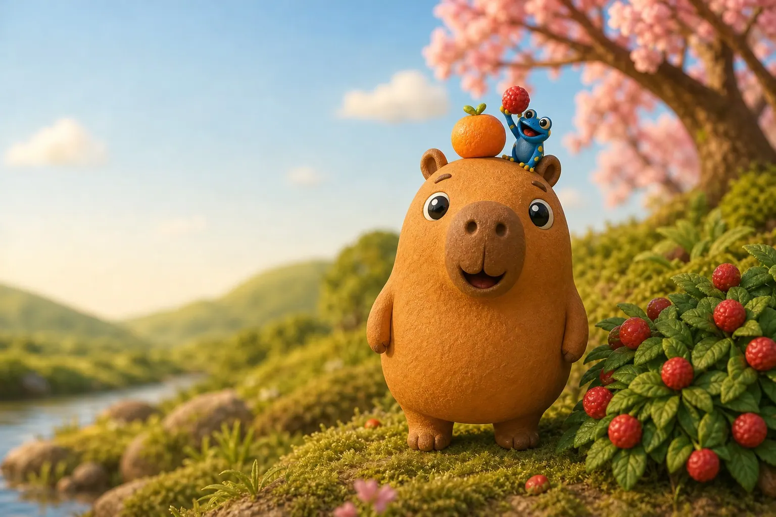Kapi the capybara stands on a mossy hill by a berry bush, with tiny Hop on his head holding a red berry next to the tangerine; a pink-blossom tree and the pond are behind them.