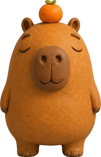 Kapi, a big round caramel-brown clay capybara with a small orange tangerine on his head, smiling with his eyes closed