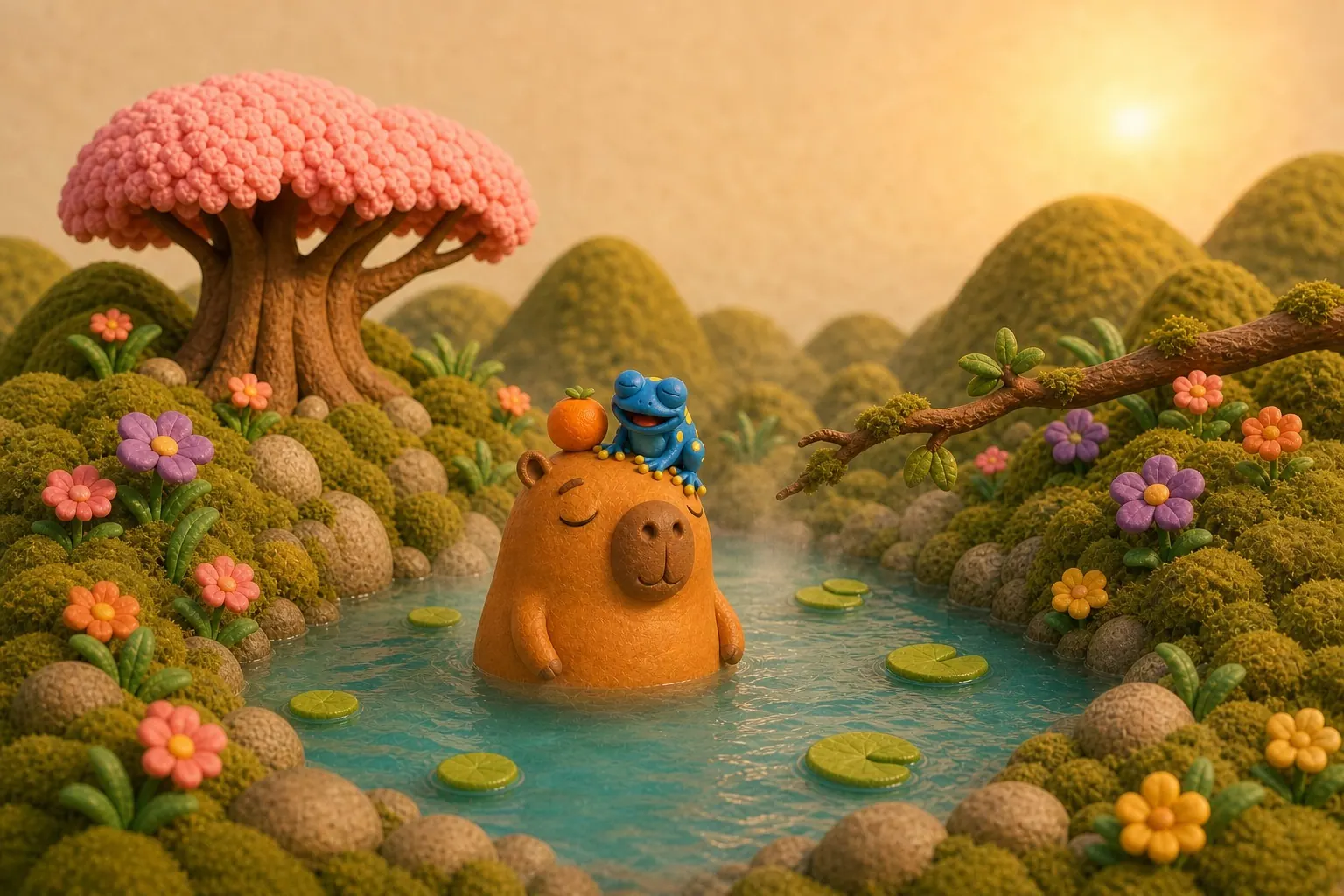 Kapi relaxing in the warm turquoise pond at sunset, with tiny Hop sitting on his head next to the tangerine