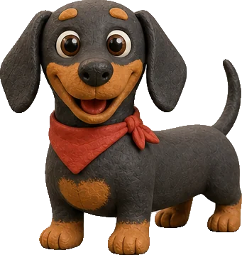 Parsnip, a black-and-tan clay dachshund puppy with a red neckerchief, grinning with his tail up
