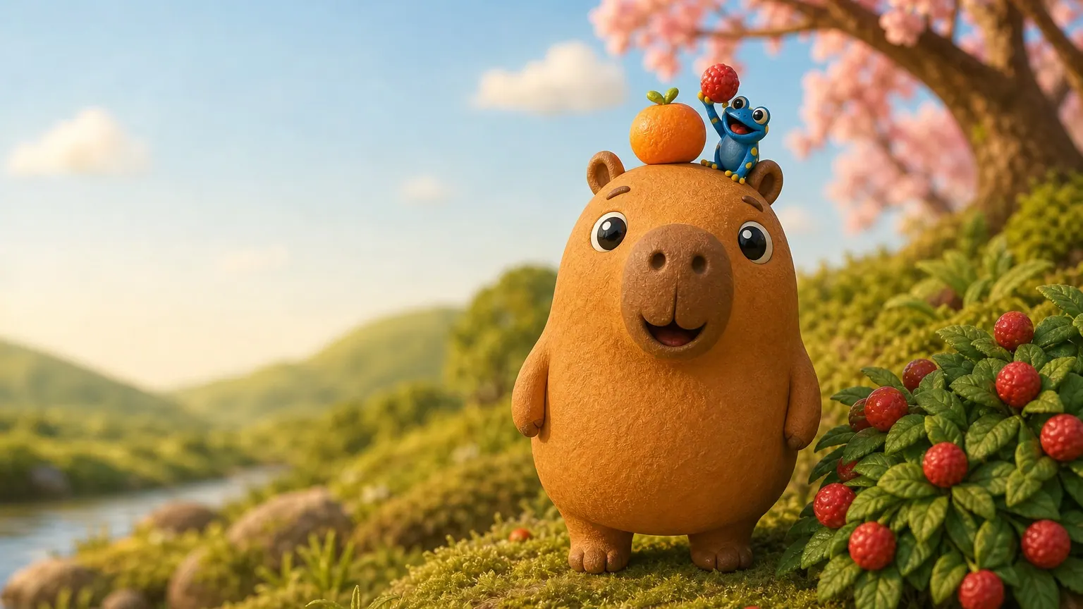 A scene from “Kapi and Hop: Big and Small”: Tiny Hop wants the high red berries, but he is much too small. Then a runaway tangerine rolls somewhere big Kapi cannot fit. Who can help?