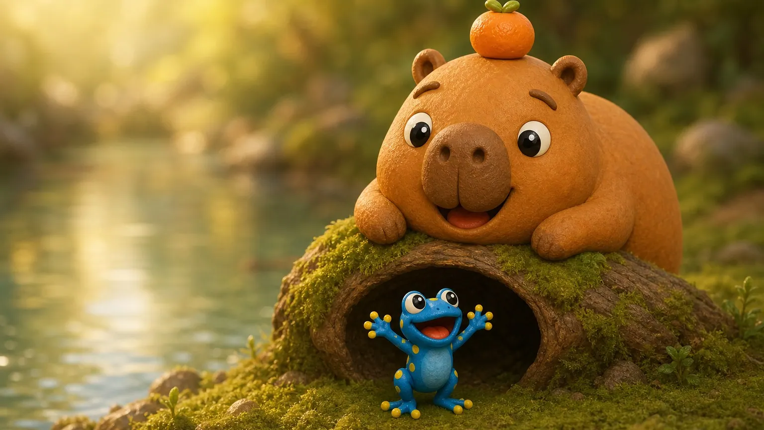 A scene from “Kapi and Hop: Peekaboo”: Hop loves to say hello with big, loud, bouncy hops. But a shy little bunny hides behind the hollow log. How can Hop make a new friend?