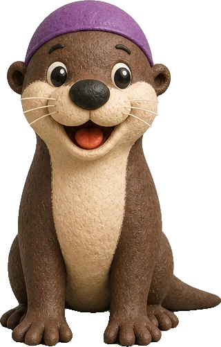 Syllabub, a chocolate-brown clay baby otter with a cream face and a purple swim cap, sitting up and smiling