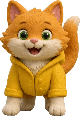 Tuffet, a fluffy ginger-and-white clay kitten with green eyes in a sunny-yellow raincoat