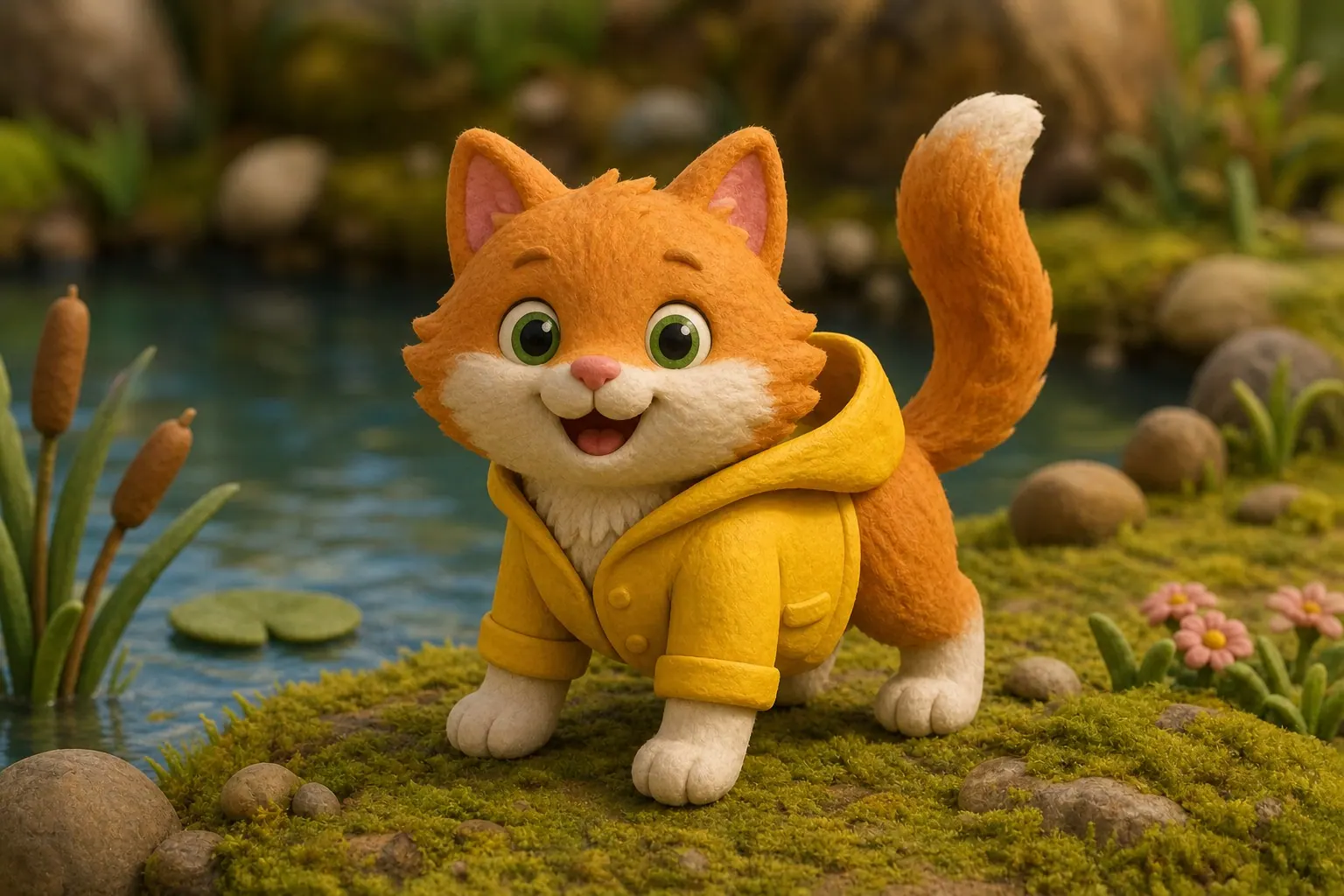 Tuffet in her yellow raincoat on a mossy bank by the pond, smiling