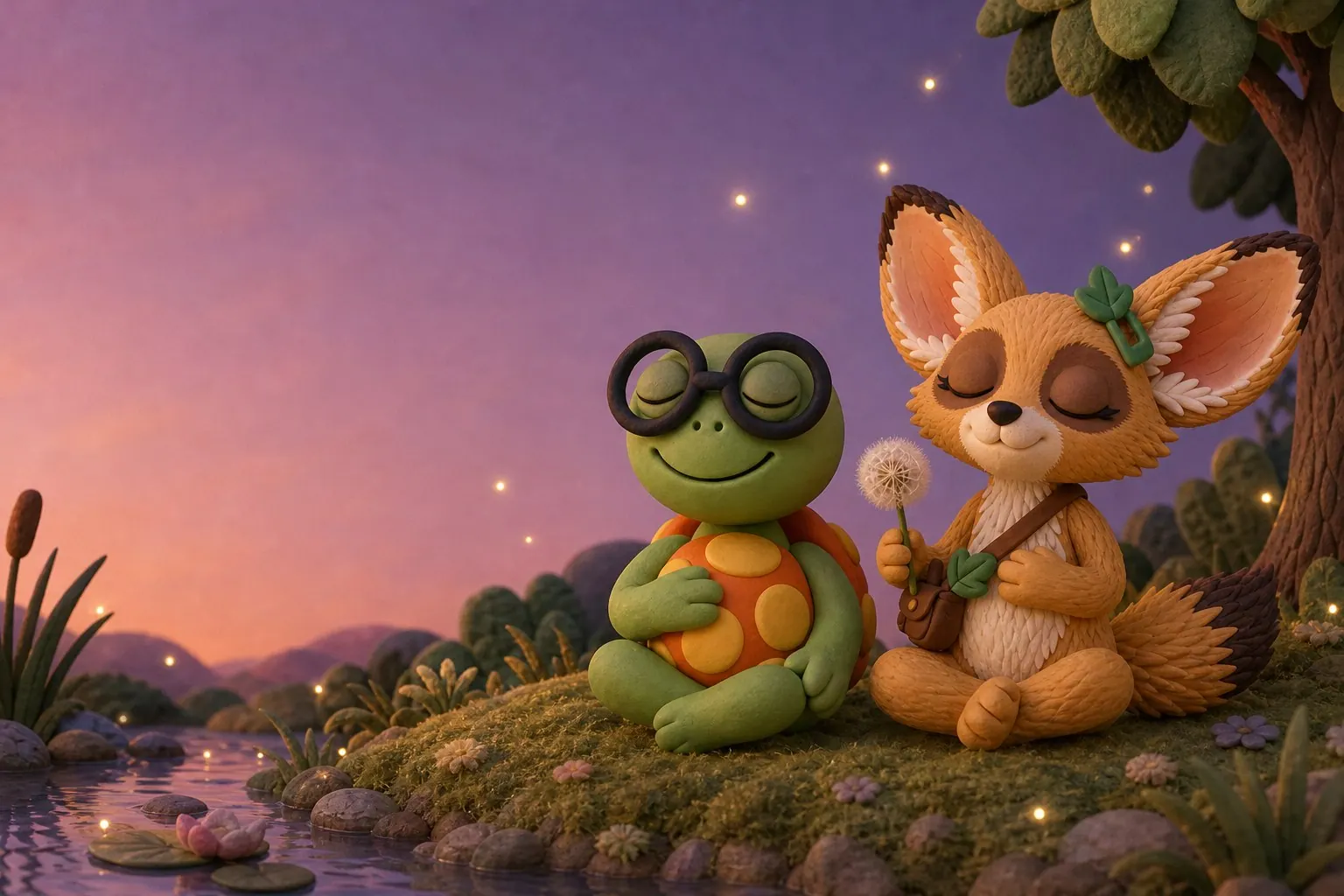 Bimble the turtle and Fenna the fennec fox sit with closed eyes on a mossy bank at dusk; Fenna holds a dandelion puff.