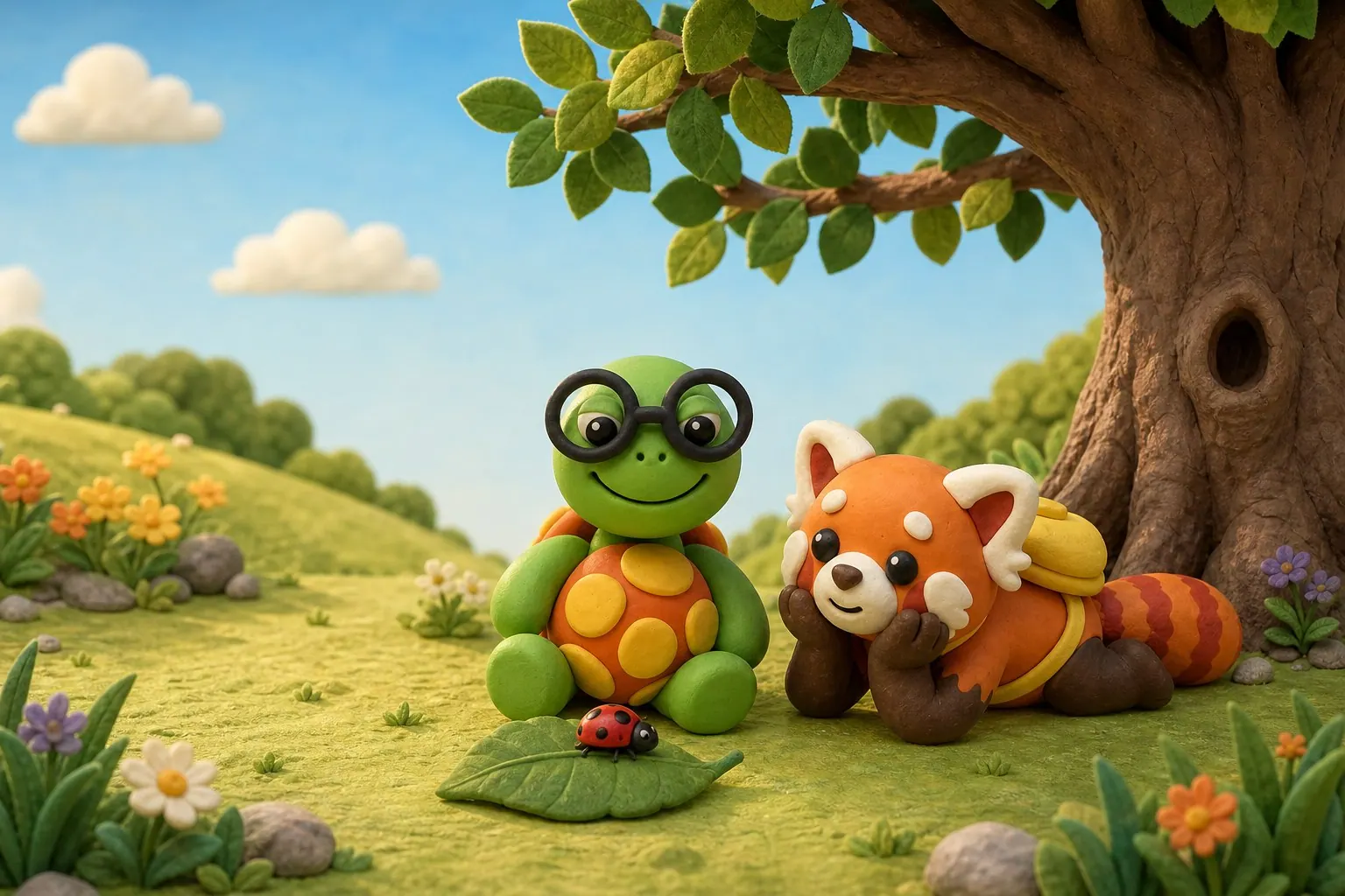 Bimble the turtle and Tamkin the red panda rest on a sunny meadow under the oak tree, watching a ladybug on a leaf.