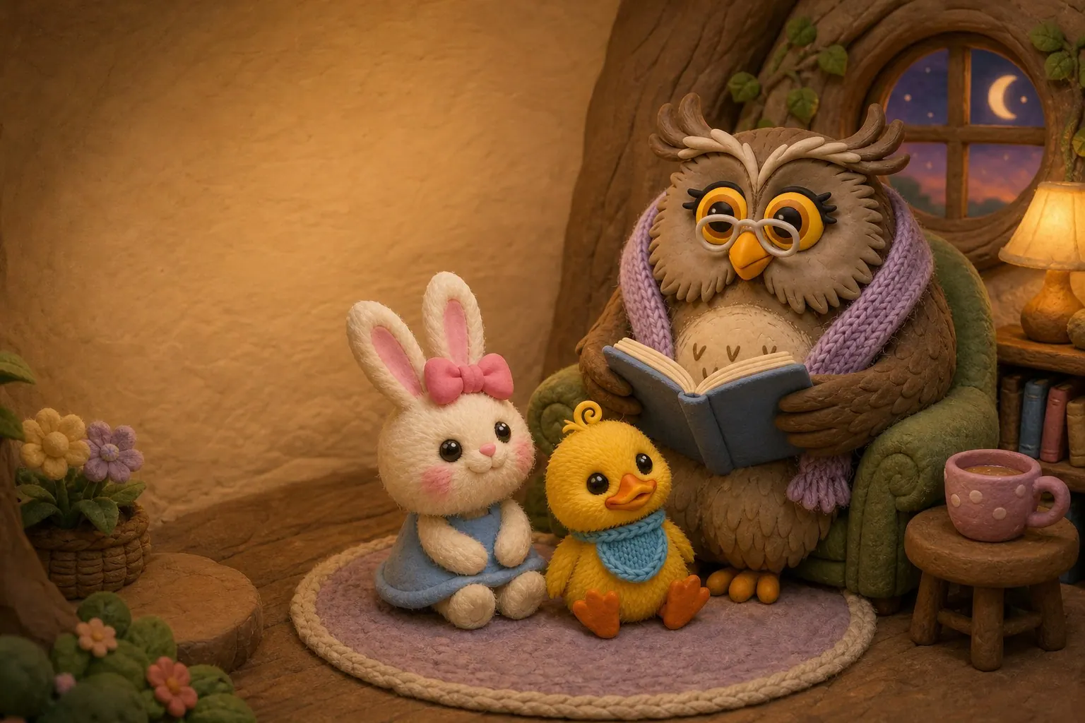Granny Hoot the owl reads a storybook in a green armchair by a round window at night, with Lila the bunny and Wobble the duckling sitting on a rug at her feet.