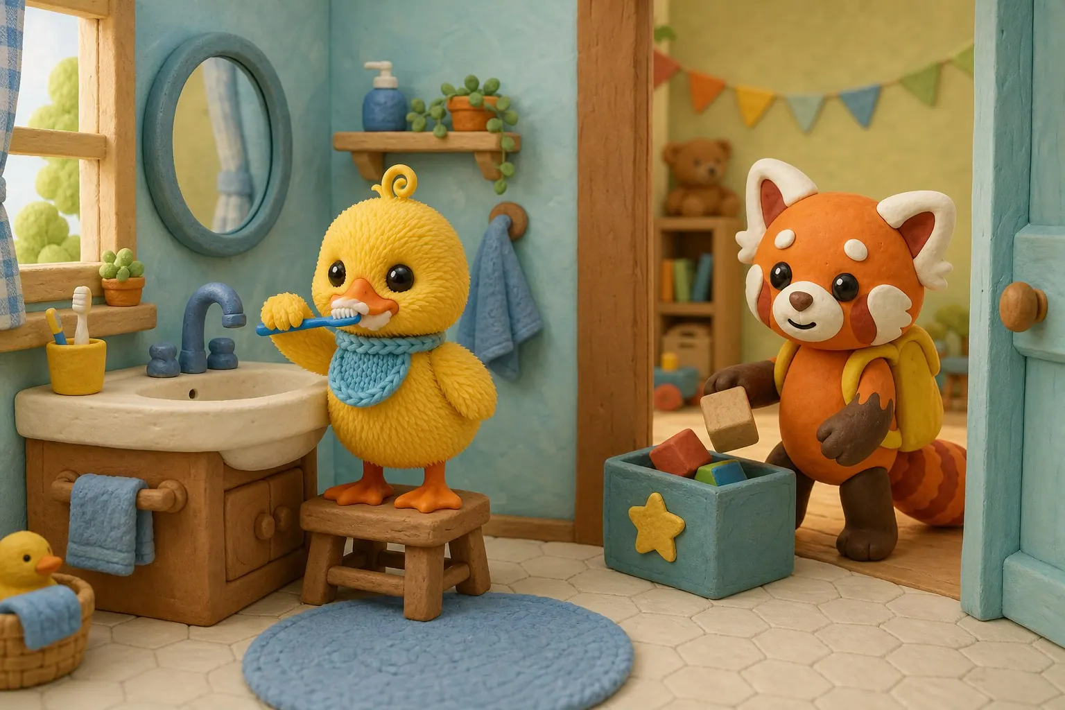 Wobble the duckling brushes his teeth on a stool at the bathroom sink while Tamkin the red panda puts blocks into a toy box in the next room.