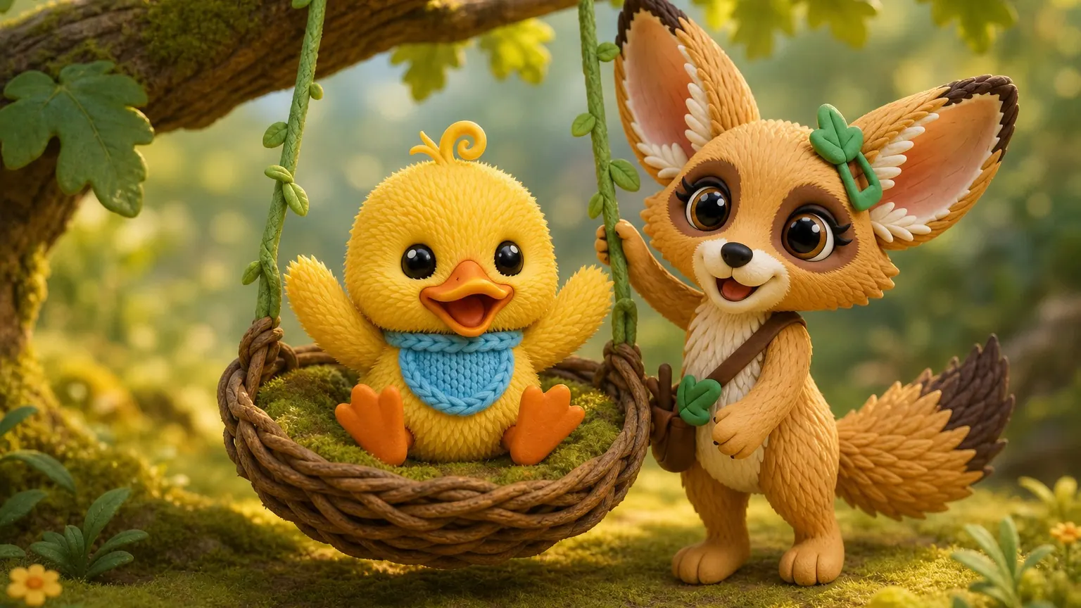 Wobble swings in a mossy nest swing while Fenna smiles behind him