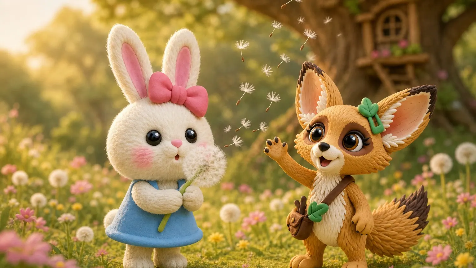 Lila blows a dandelion puff while Fenna watches the seeds float away