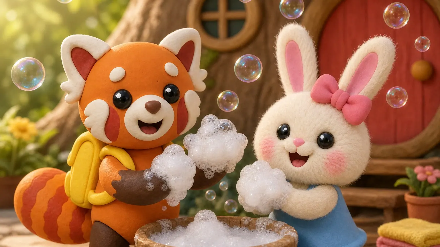 Tamkin and Lila hold up soapy paws in a cloud of bubbles at a wooden basin
