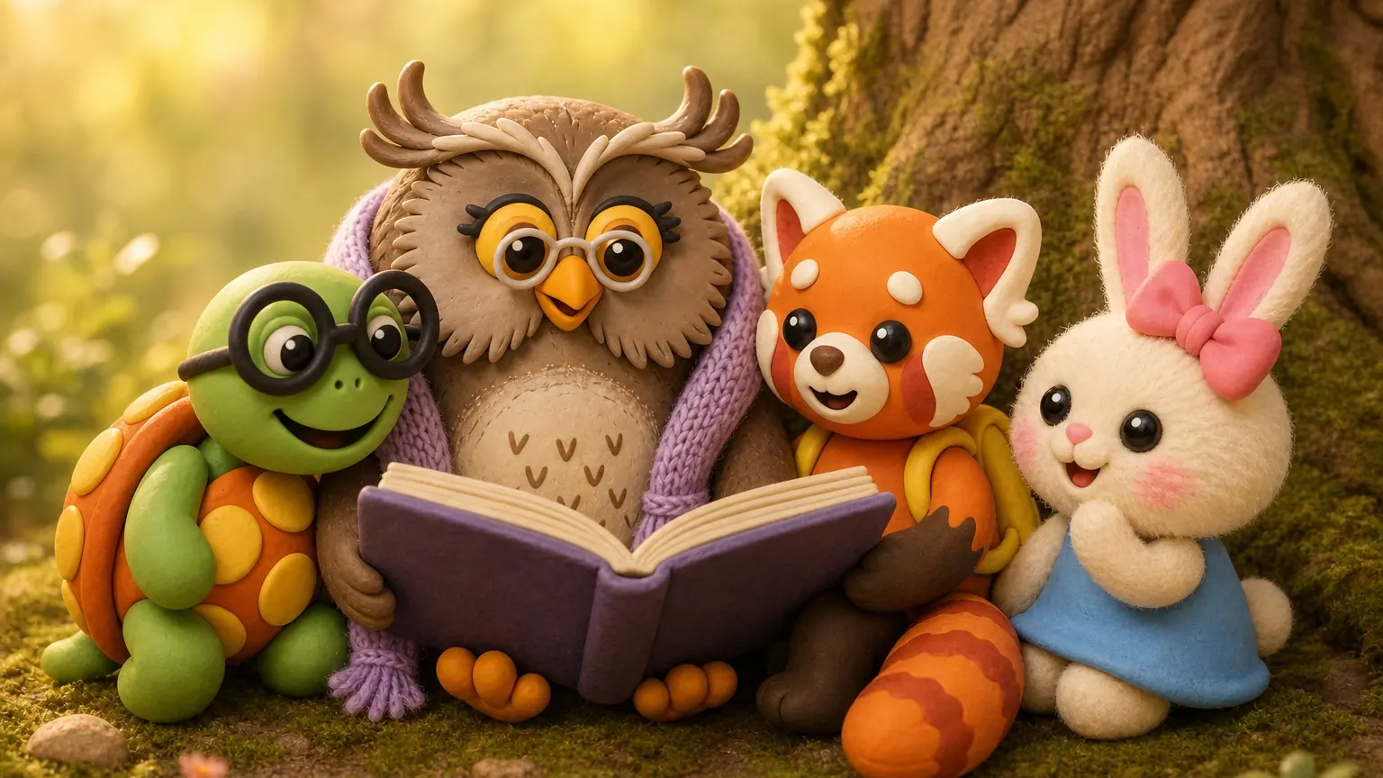 Granny Hoot reads a storybook to Bimble, Tamkin and Lila under the oak tree
